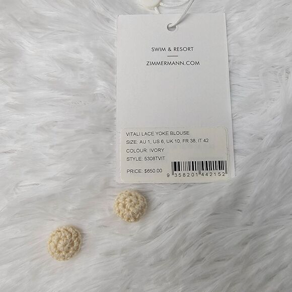Zimmermann Ivory Swim & Resort Vitali Lace Yoke Blouse Spare Buttons - Picture 4 of 6